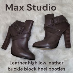 Max Studio Leather high low buckle moto ankle boots block heel women's 8.5